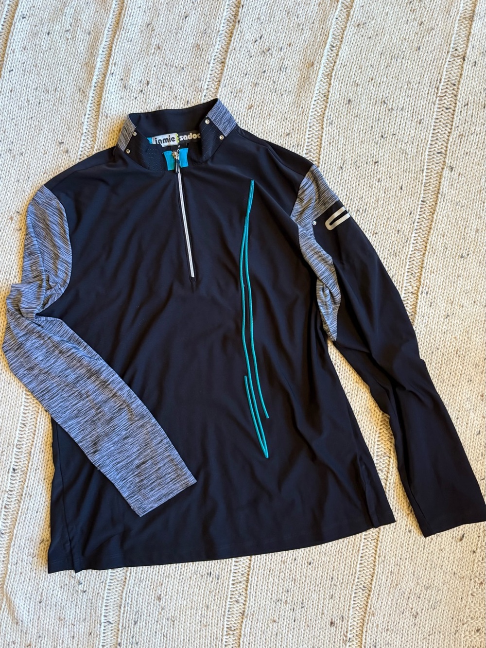 Jamie Sadock Black Pullover with Heather Gray Sleeves and Teal Piping